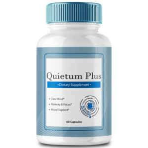 Quietum Plus dietary supplement bottle with 60 capsules designed to support overall ear health, focus, and wellness