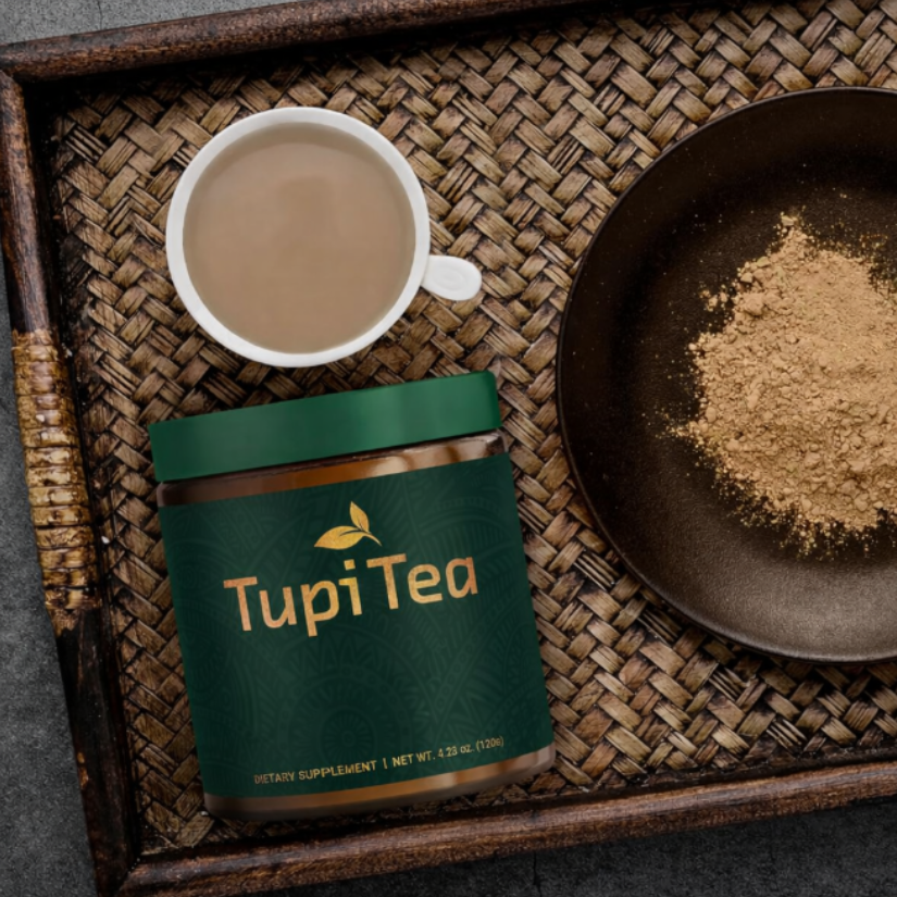 Tupi Tea herbal supplement jar on wooden tray with tea cup